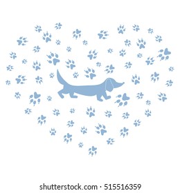 Nice picture of dachshund silhouette on a background of dog tracks in the form of heart on a white background.
