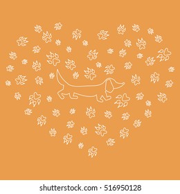 Nice picture of dachshund silhouette on a background of dog tracks in the form of heart on a colored background. 
