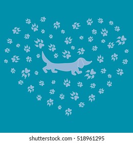 Nice picture of dachshund silhouette on a background of dog tracks in the form of heart on a colored background. 