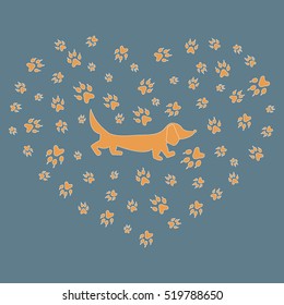 Nice picture of dachshund silhouette on a background of dog tracks in the form of heart on a colored background. 