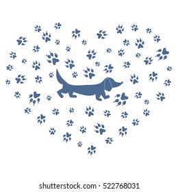 Nice picture of dachshund silhouette on a background of dog tracks in the form of heart on a white background.