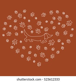 Nice picture of dachshund silhouette on a background of dog tracks in the form of heart on a colored background. 