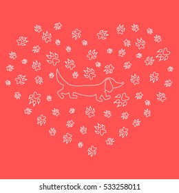 Nice picture of dachshund silhouette on a background of dog tracks in the form of heart on a colored background. 