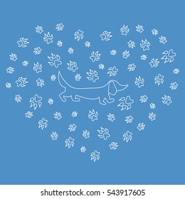 Nice picture of dachshund silhouette on a background of dog tracks in the form of heart on a colored background. 