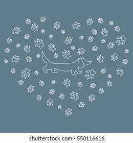 Nice picture of dachshund silhouette on a background of dog tracks in the form of heart on a colored background. 