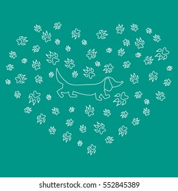 Nice picture of dachshund silhouette on a background of dog tracks in the form of heart on a colored background. 