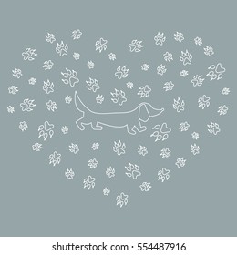 Nice picture of dachshund silhouette on a background of dog tracks in the form of heart on a colored background. 