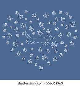 Nice picture of dachshund silhouette on a background of dog tracks in the form of heart on a colored background. 