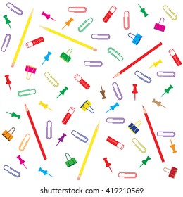 Nice picture of different colored paper clips and buttons, pencil  and glue on white background