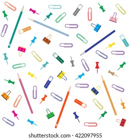 Nice picture of different colored paper clips and buttons, pencil  and glue on white background