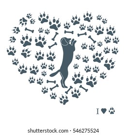 Nice picture of dog standing on its hind legs silhouette on a background of dog tracks and bones in the form of heart on a white background.