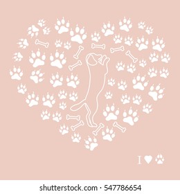 Nice picture of dog standing on its hind legs silhouette on a background of dog tracks and bones in the form of heart on a colored background.