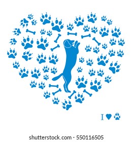 Nice picture of dog standing on its hind legs silhouette on a background of dog tracks and bones in the form of heart on a white background.