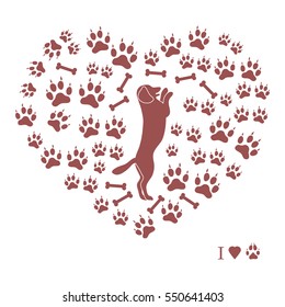 Nice picture of dog standing on its hind legs silhouette on a background of dog tracks and bones in the form of heart on a white background.