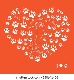 Nice picture of dog standing on its hind legs silhouette on a background of dog tracks and bones in the form of heart on a colored background.