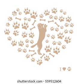 Nice picture of dog standing on its hind legs silhouette on a background of dog tracks and bones in the form of heart on a white background.