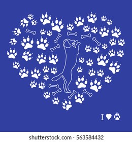 Nice picture of dog standing on its hind legs silhouette on a background of dog tracks and bones in the form of heart on a colored background.