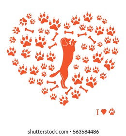 Nice picture of dog standing on its hind legs silhouette on a background of dog tracks and bones in the form of heart on a white background.