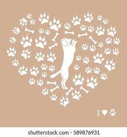 Nice picture of dog standing on its hind legs silhouette on a background of dog tracks and bones in the form of heart on a colored background.