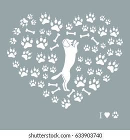 Nice picture of dog standing on its hind legs silhouette on a background of dog tracks and bones in the form of heart on a colored background.