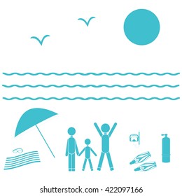 Nice picture of the family holiday by the sea: sun, waves, seagulls, beach umbrella, diving equipment on a white background