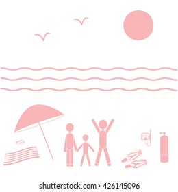 Nice picture of the family holiday by the sea: sun, waves, seagulls, beach umbrella, diving equipment on a white background