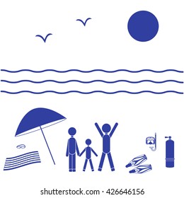 Nice picture of the family holiday by the sea: sun, waves, seagulls, beach umbrella, diving equipment on a white background