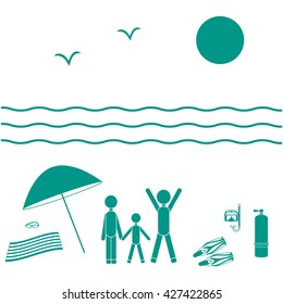 Nice picture of the family holiday by the sea: sun, waves, seagulls, beach umbrella, diving equipment on a white background