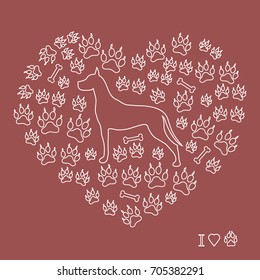 Nice picture of great dane on a background of dog tracks and bones in the form of heart on a colored background.