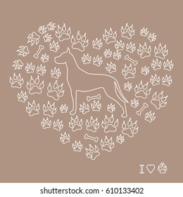 Nice picture of great dane silhouette on a background of dog tracks and bones in the form of heart on a colored background.