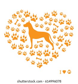 Nice picture of great dane silhouette on a background of dog tracks and bones in the form of heart on a white background.