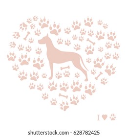 Nice picture of great dane silhouette on a background of dog tracks and bones in the form of heart on a white background.