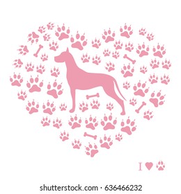 Nice picture of great dane silhouette on a background of dog tracks and bones in the form of heart on a white background.