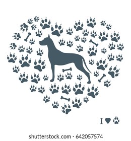 Nice picture of great dane silhouette on a background of dog tracks and bones in the form of heart on a white background.