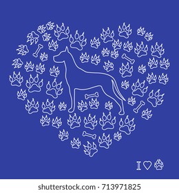 Nice picture of great dane silhouette on a background of dog tracks and bones in the form of heart on a colored background.