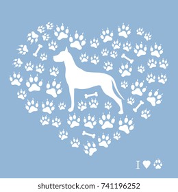 Nice picture of great dane silhouette on a background of dog tracks and bones in the form of heart on a colored background.