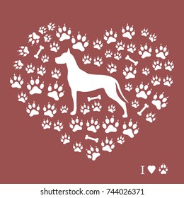 Nice picture of great dane silhouette on a background of dog tracks and bones in the form of heart on a colored background.