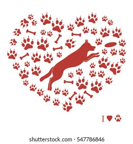 Nice picture of jumping dog silhouette on a background of dog tracks and bones in the form of heart on a white background.