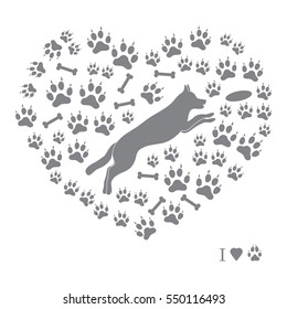 Nice Picture Of Jumping Dog Silhouette On A Background Of Dog Tracks And Bones In The Form Of Heart On A White Background.