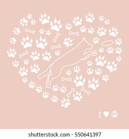 Nice picture of jumping dog silhouette on a background of dog tracks and bones in the form of heart on a colored background.