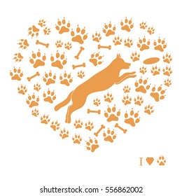 Nice picture of jumping dog silhouette on a background of dog tracks and bones in the form of heart on a white background.