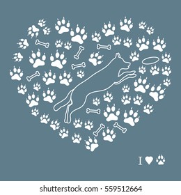 Nice picture of jumping dog silhouette on a background of dog tracks and bones in the form of heart on a colored background.