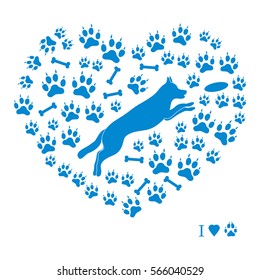 Nice picture of jumping dog silhouette on a background of dog tracks and bones in the form of heart on a white background.