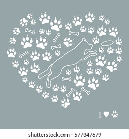 Nice picture of jumping dog silhouette on a background of dog tracks and bones in the form of heart on a colored background.