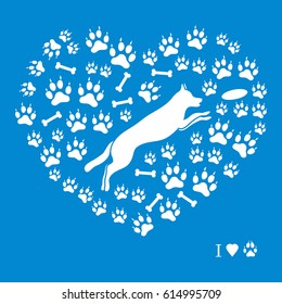 Nice picture of jumping dog silhouette on a background of dog tracks and bones in the form of heart on a colored background.