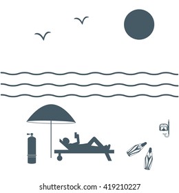 Nice picture on holiday by the sea: sun, waves, seagulls, beach umbrella, diving equipment and a man lying on a lounger on a white background