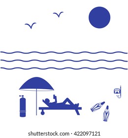Nice picture on holiday by the sea: sun, waves, seagulls, beach umbrella, diving equipment and a man lying on a lounger on a white background