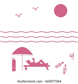 Nice picture on holiday by the sea: sun, waves, seagulls, beach umbrella, diving equipment and a man lying on a lounger on a white background