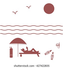 Nice picture on holiday by the sea: sun, waves, seagulls, beach umbrella, diving equipment and a man lying on a lounger on a white background
