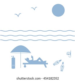 Nice picture on holiday by the sea: sun, waves, seagulls, beach umbrella, diving equipment and a man lying on a lounger on a white background